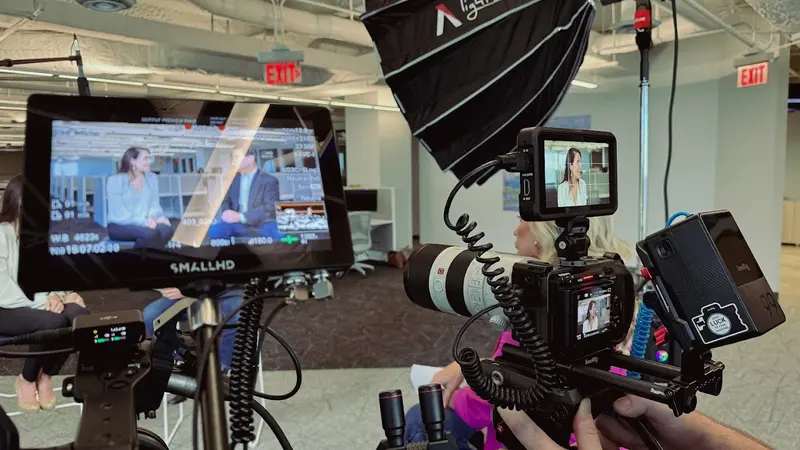 Hylton Media Group production crew on set — interview setup with Sony cinema camera and SmallHD monitor