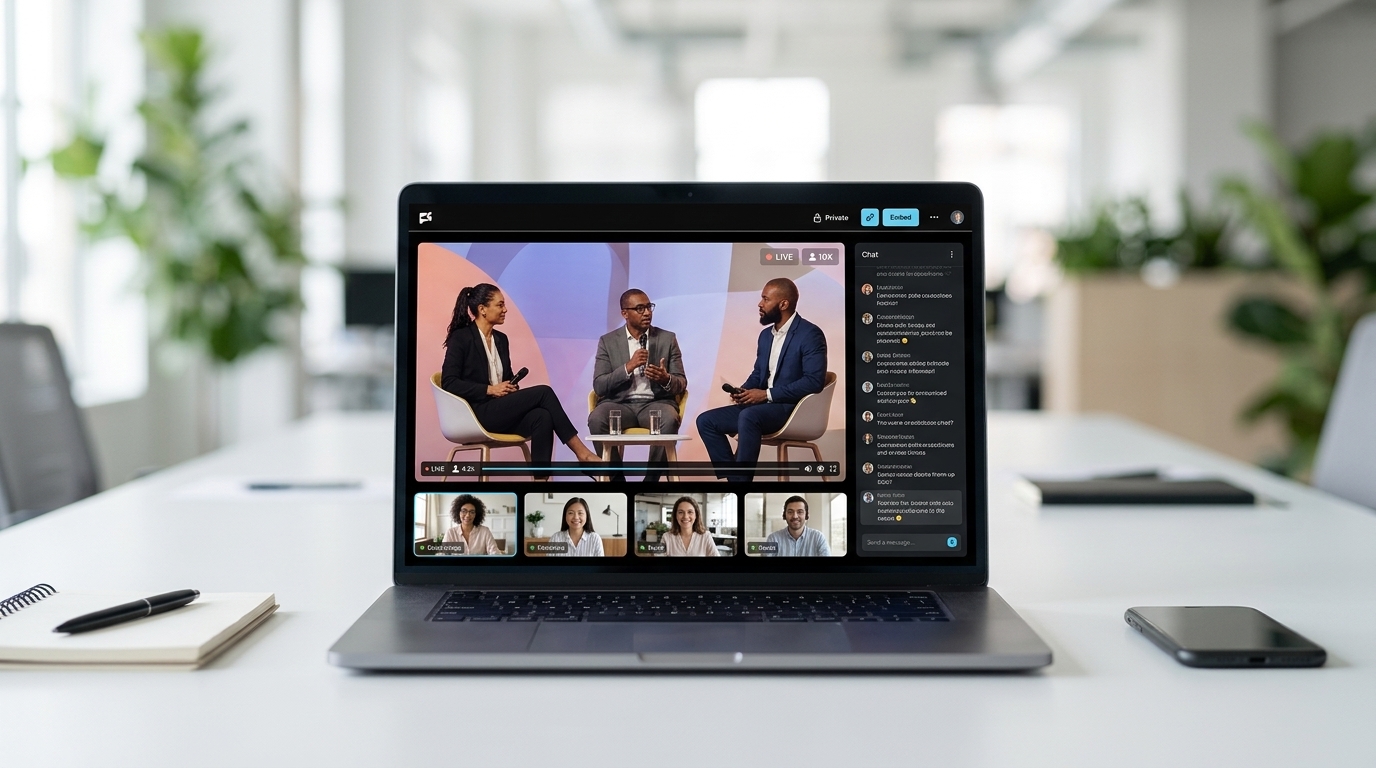 Corporate webcast production interface for a live streamed company meeting